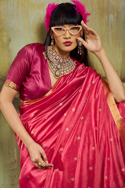 Monjolika Fashion Pink Weaving Faux Tussar Silk Saree With Zari Woven Pallu