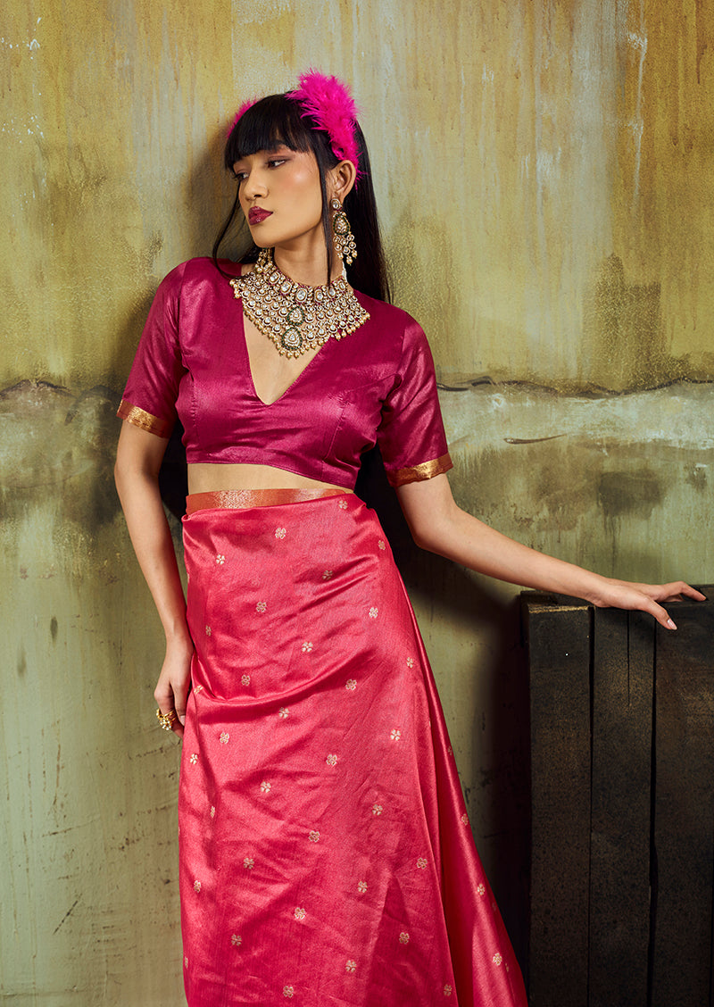 Monjolika Fashion Pink Weaving Faux Tussar Silk Saree With Zari Woven Pallu
