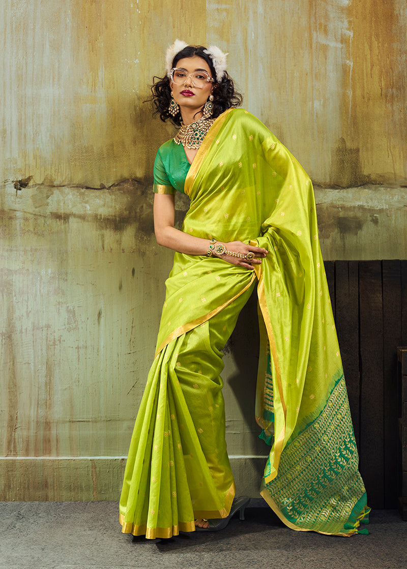 Monjolika Fashion Parrot Green Weaving Faux Tussar Silk Saree With Zari Woven Pallu
