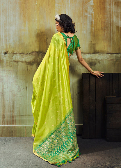 Monjolika Fashion Parrot Green Weaving Faux Tussar Silk Saree With Zari Woven Pallu