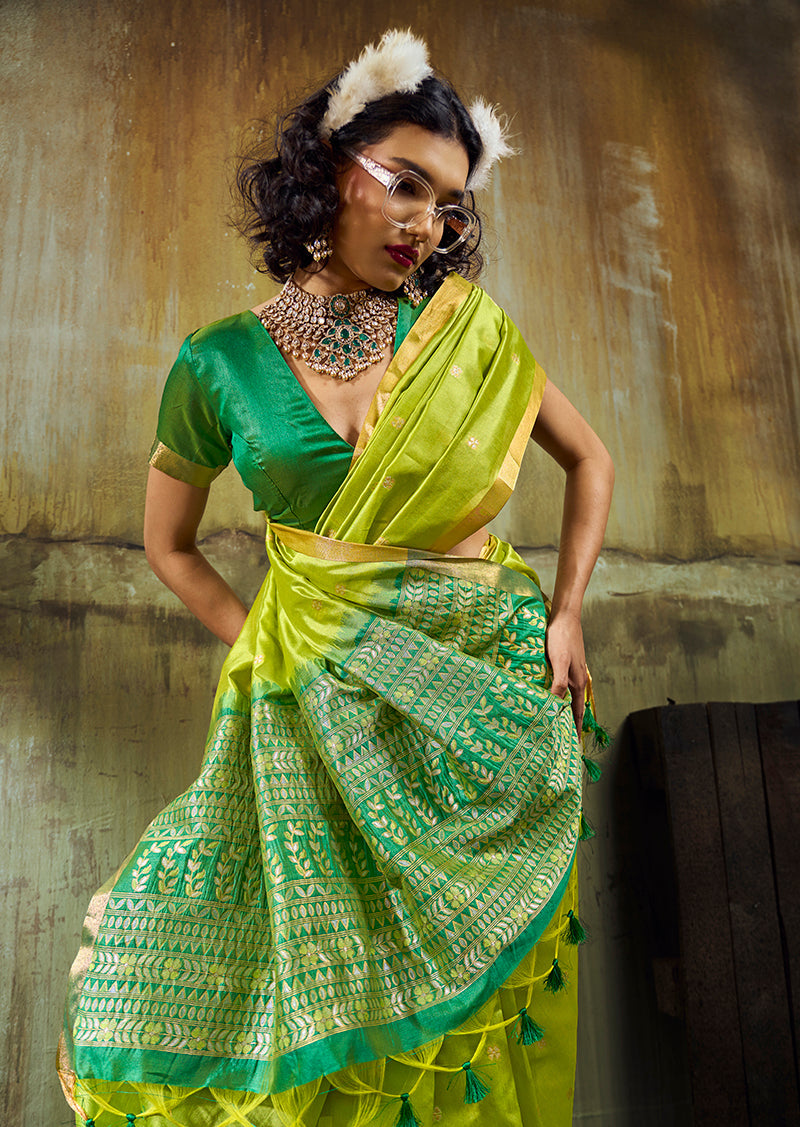 Monjolika Fashion Parrot Green Weaving Faux Tussar Silk Saree With Zari Woven Pallu