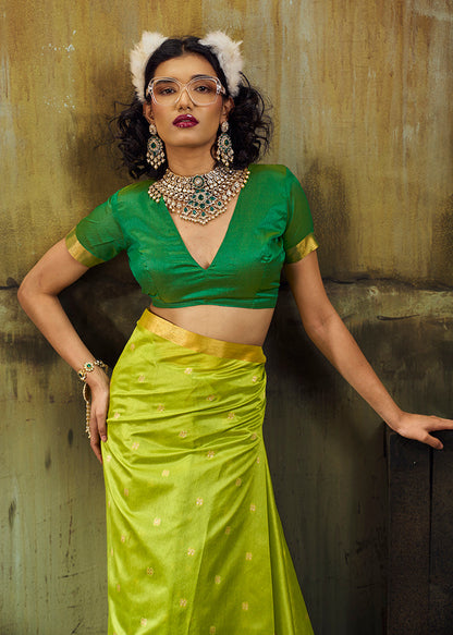 Monjolika Fashion Parrot Green Weaving Faux Tussar Silk Saree With Zari Woven Pallu