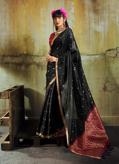 Monjolika Fashion Black Weaving Faux Tussar Silk Saree With Zari Woven Pallu
