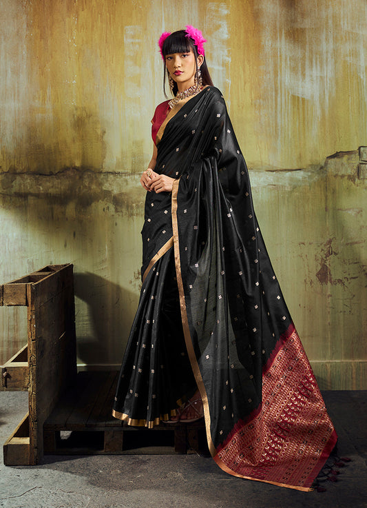 Monjolika Fashion Black Weaving Faux Tussar Silk Saree With Zari Woven Pallu