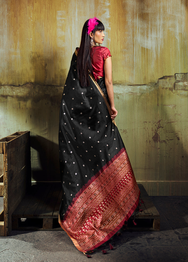 Monjolika Fashion Black Weaving Faux Tussar Silk Saree With Zari Woven Pallu