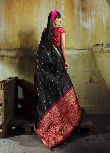 Monjolika Fashion Black Weaving Faux Tussar Silk Saree With Zari Woven Pallu