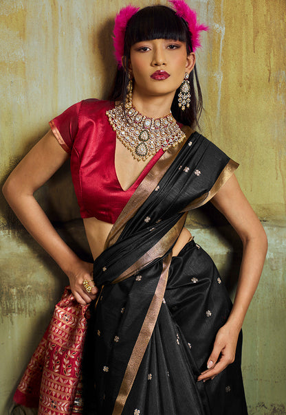 Monjolika Fashion Black Weaving Faux Tussar Silk Saree With Zari Woven Pallu