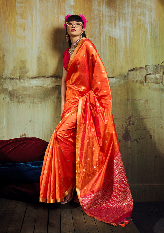 Monjolika Fashion Orange Weaving Faux Tussar Silk Saree With Zari Woven Pallu