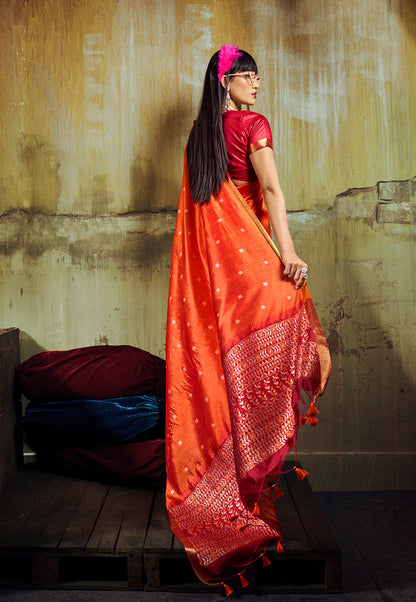 Monjolika Fashion Orange Weaving Faux Tussar Silk Saree With Zari Woven Pallu