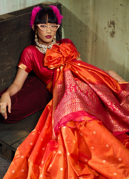 Monjolika Fashion Orange Weaving Faux Tussar Silk Saree With Zari Woven Pallu