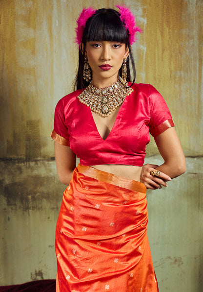 Monjolika Fashion Orange Weaving Faux Tussar Silk Saree With Zari Woven Pallu
