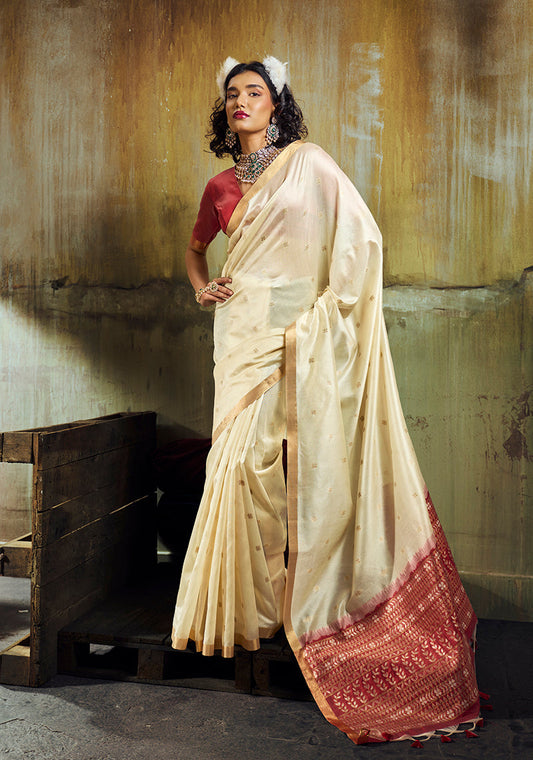 Monjolika Fashion Cream Weaving Faux Tussar Silk Saree With Zari Woven Pallu