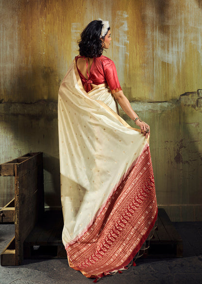 Monjolika Fashion Cream Weaving Faux Tussar Silk Saree With Zari Woven Pallu