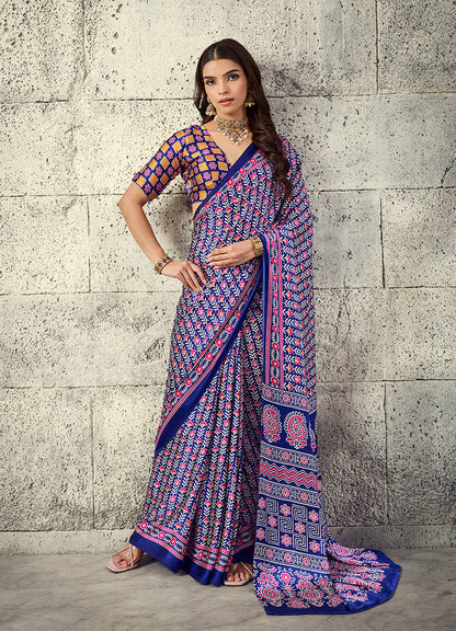 Monjolika Fashion Navy Blue Colour Satin Print Work Saree