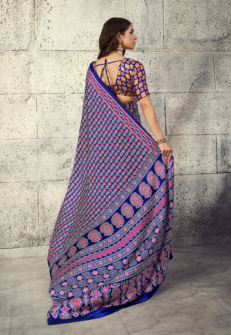 Monjolika Fashion Navy Blue Colour Satin Print Work Saree