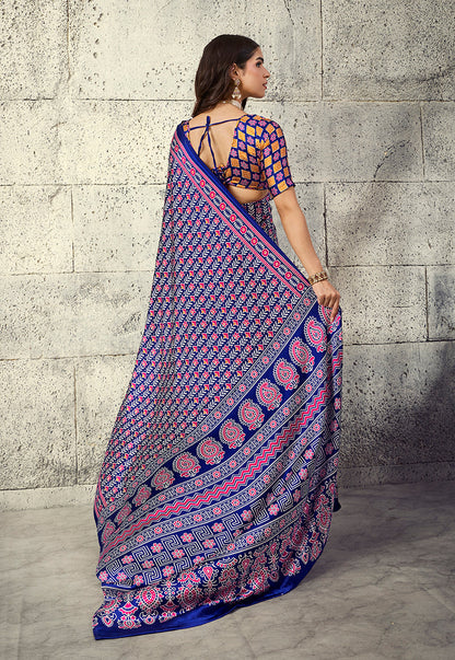Monjolika Fashion Navy Blue Colour Satin Print Work Saree