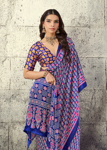 Monjolika Fashion Navy Blue Colour Satin Print Work Saree