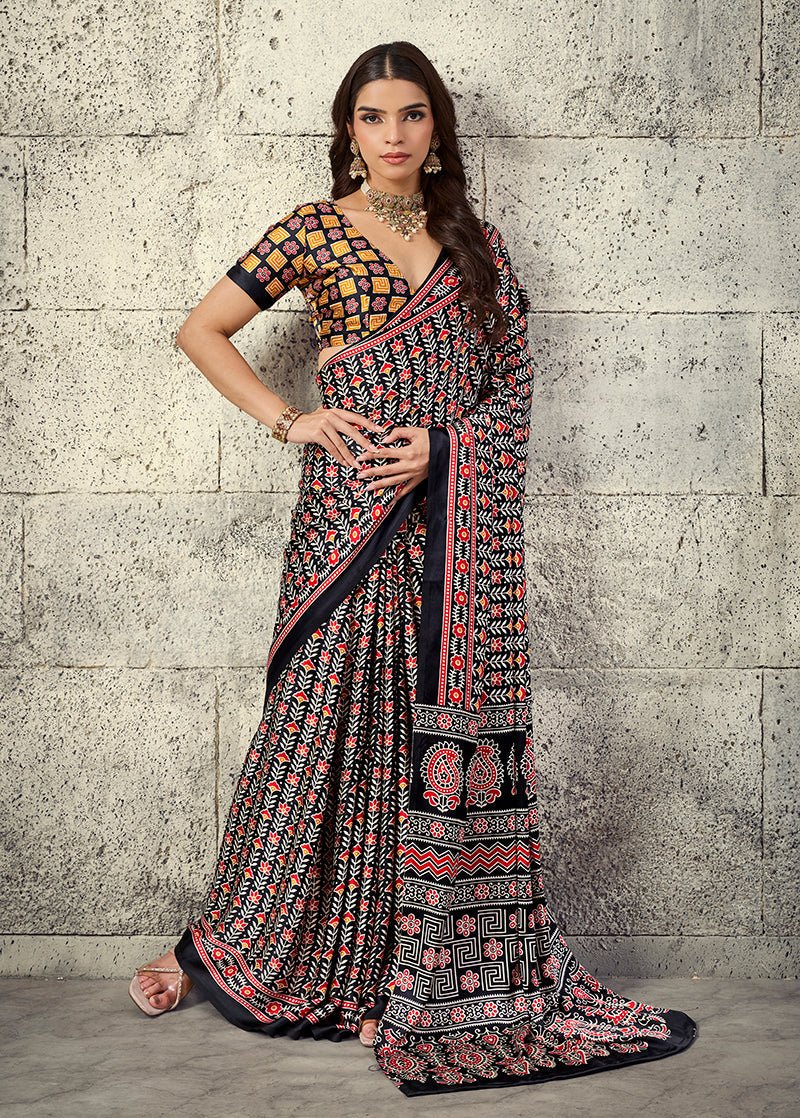 Monjolika Fashion Black Colour Satin Print Work Saree