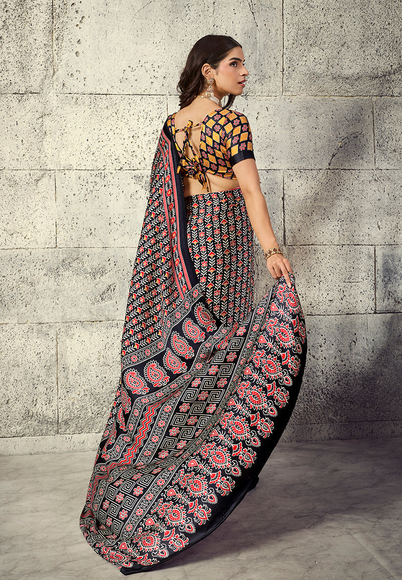 Monjolika Fashion Black Colour Satin Print Work Saree