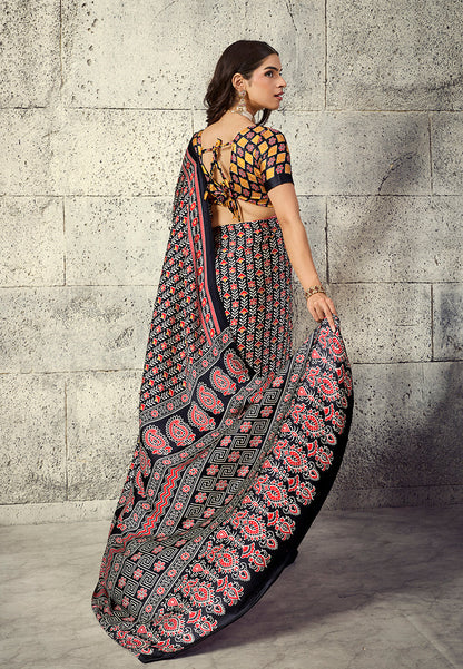 Monjolika Fashion Black Colour Satin Print Work Saree