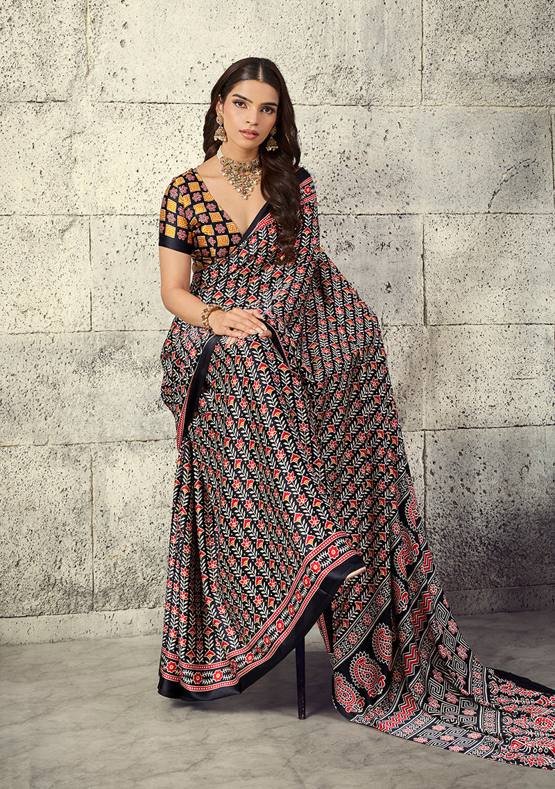 Monjolika Fashion Black Colour Satin Print Work Saree