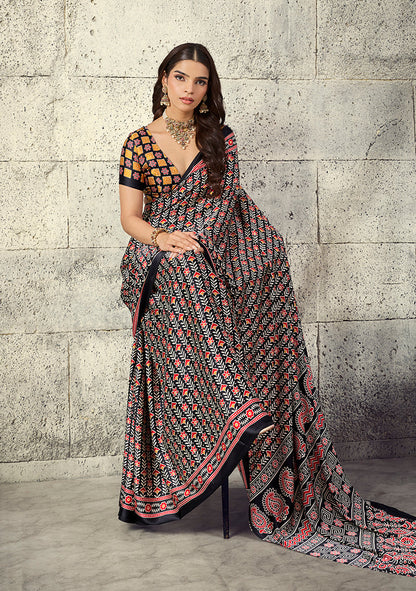 Monjolika Fashion Black Colour Satin Print Work Saree