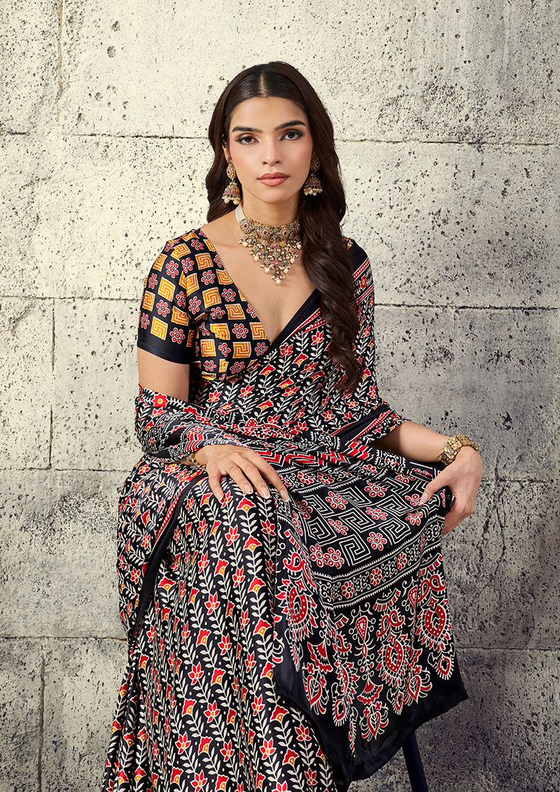 Monjolika Fashion Black Colour Satin Print Work Saree