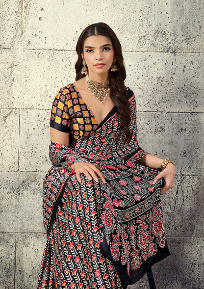 Monjolika Fashion Black Colour Satin Print Work Saree