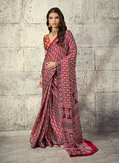 Monjolika Fashion Maroon Colour Satin Print Work Saree