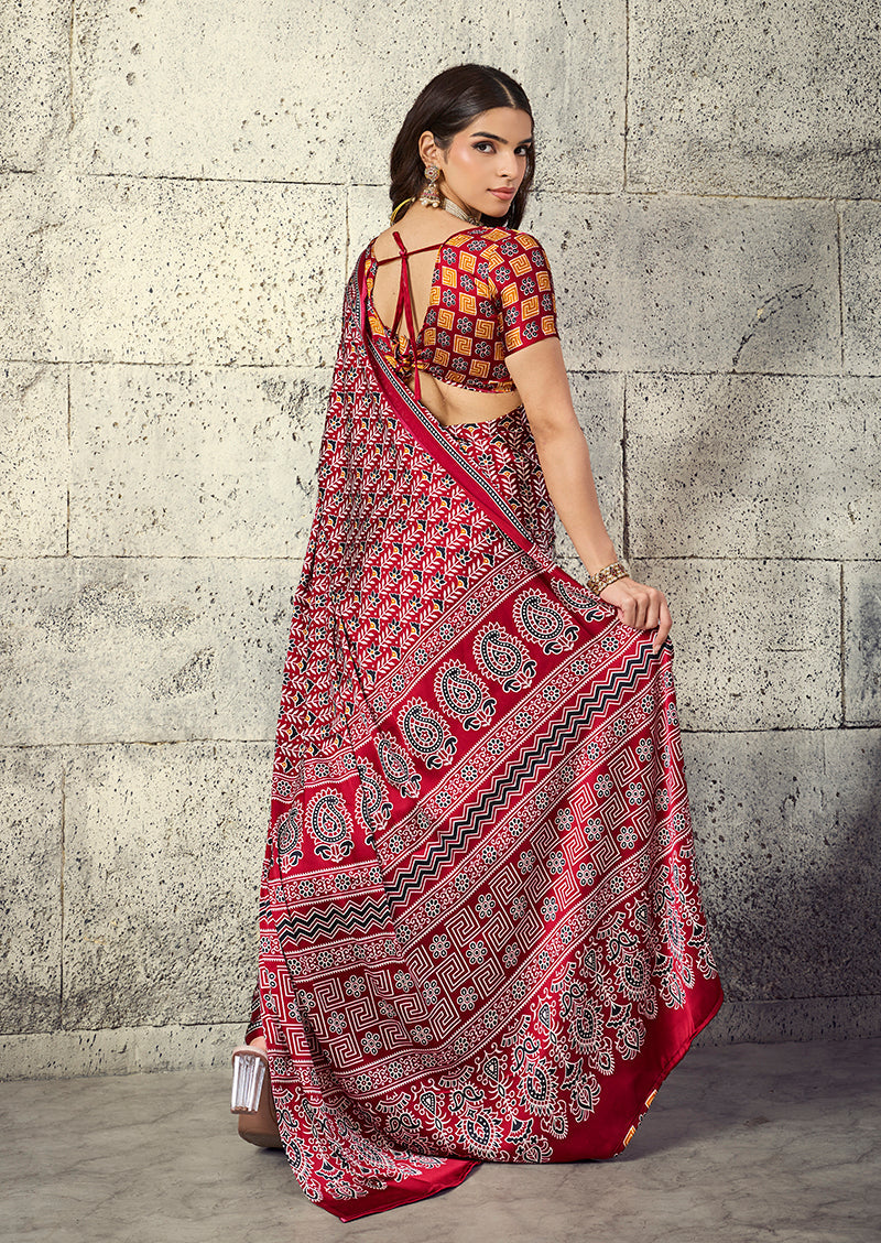 Monjolika Fashion Maroon Colour Satin Print Work Saree