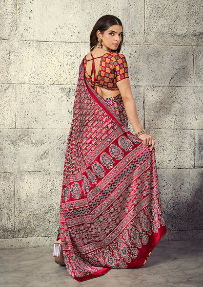 Monjolika Fashion Maroon Colour Satin Print Work Saree