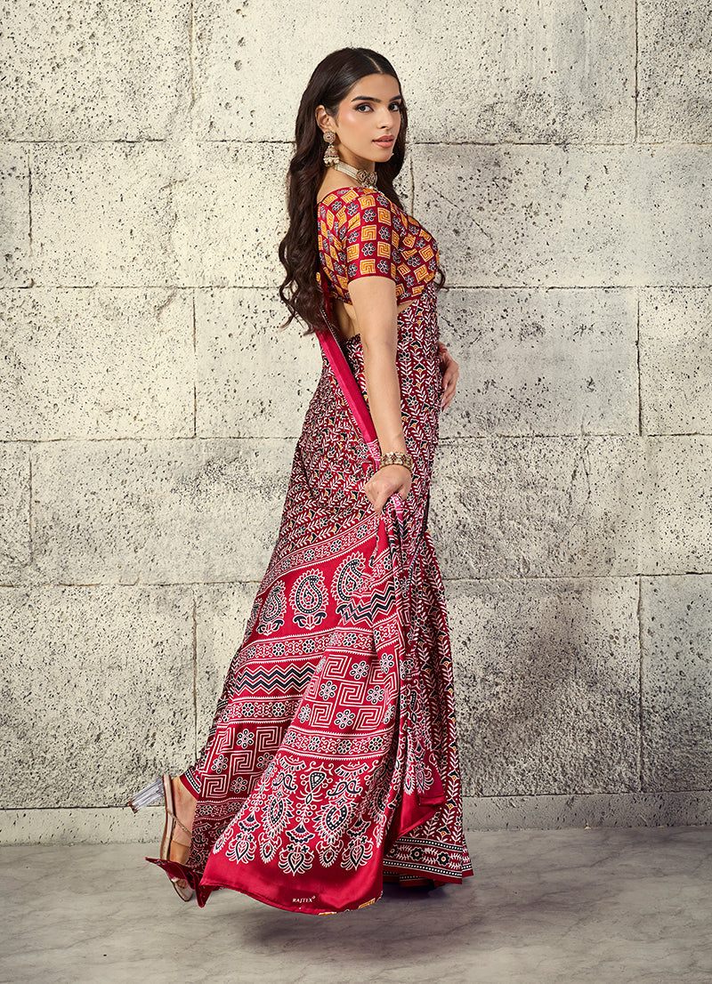 Monjolika Fashion Maroon Colour Satin Print Work Saree