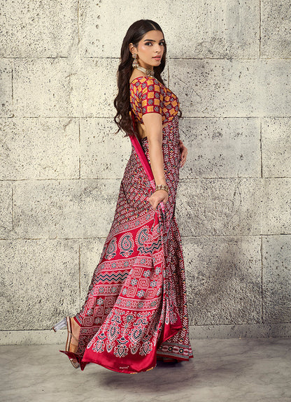 Monjolika Fashion Maroon Colour Satin Print Work Saree
