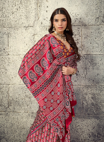 Monjolika Fashion Maroon Colour Satin Print Work Saree