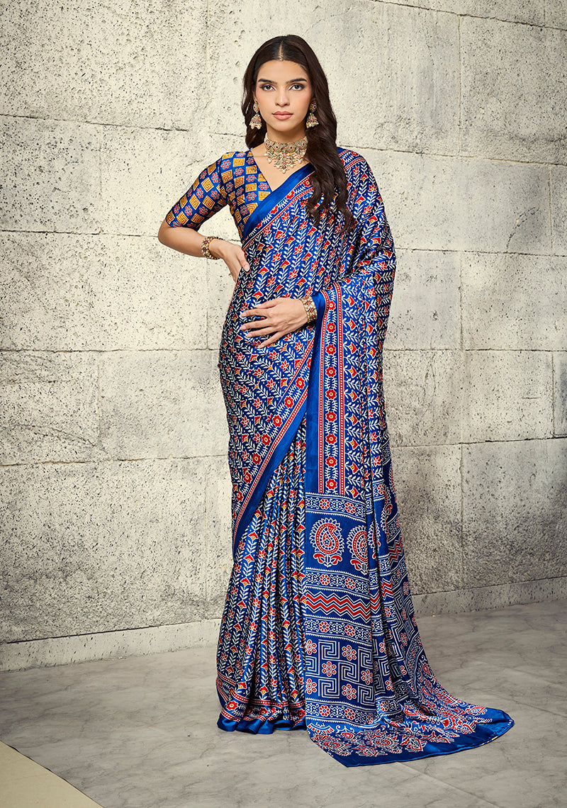 Monjolika Fashion Royal Blue Colour Satin Print Work Saree