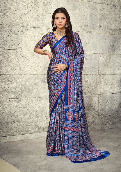 Monjolika Fashion Royal Blue Colour Satin Print Work Saree