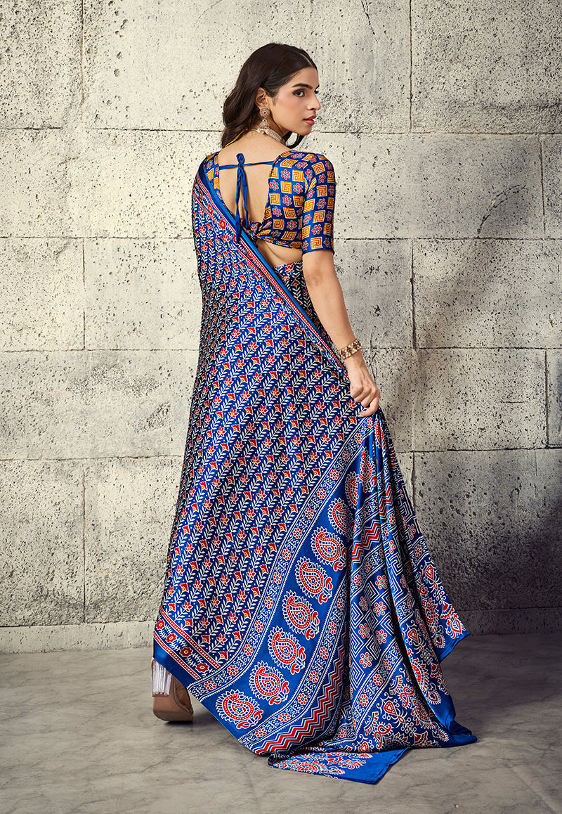Monjolika Fashion Royal Blue Colour Satin Print Work Saree