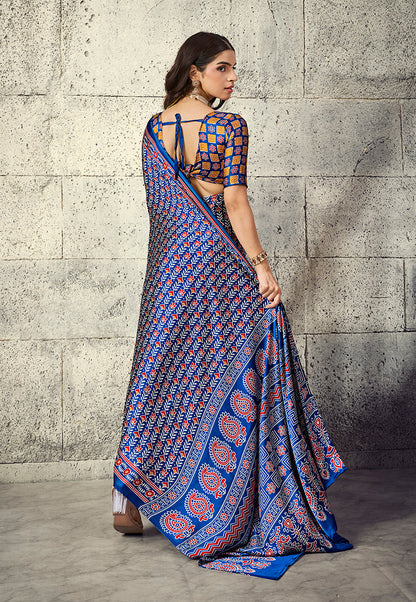 Monjolika Fashion Royal Blue Colour Satin Print Work Saree