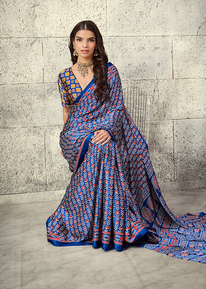 Monjolika Fashion Royal Blue Colour Satin Print Work Saree