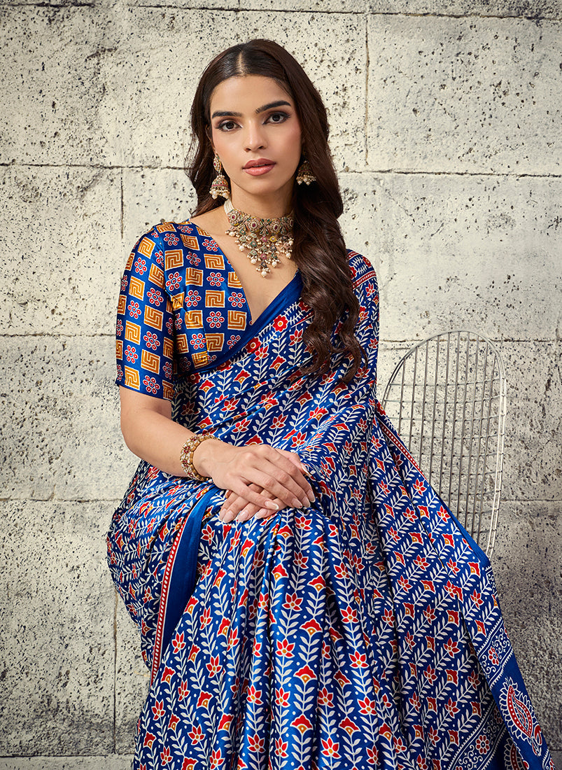 Monjolika Fashion Royal Blue Colour Satin Print Work Saree