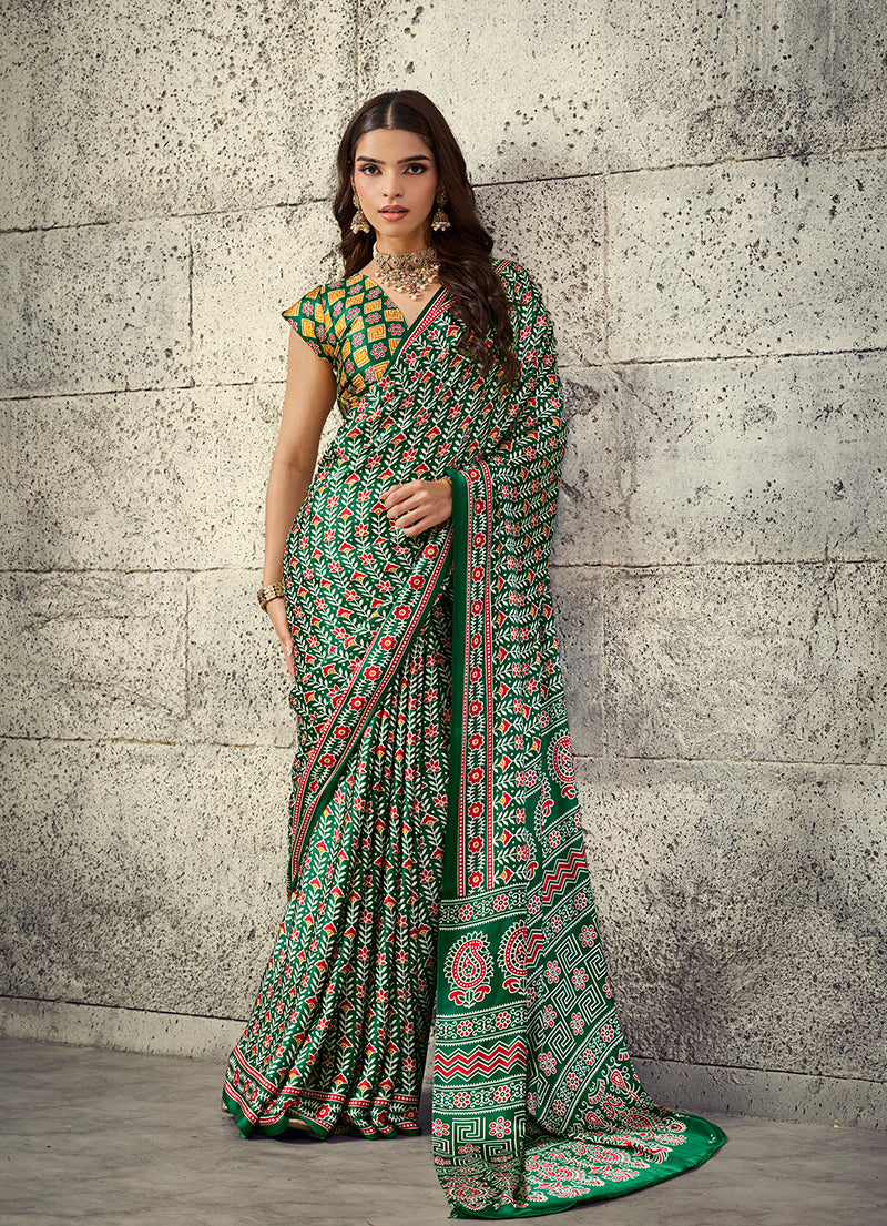 Monjolika Fashion Green Colour Satin Print Work Saree