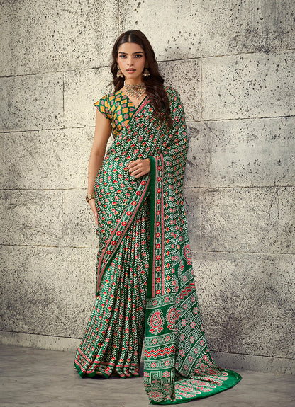 Monjolika Fashion Green Colour Satin Print Work Saree