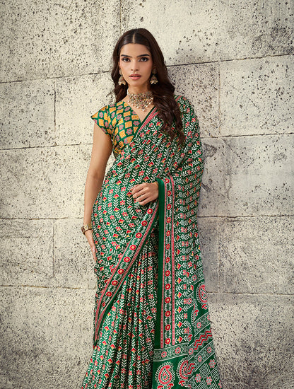 Monjolika Fashion Green Colour Satin Print Work Saree