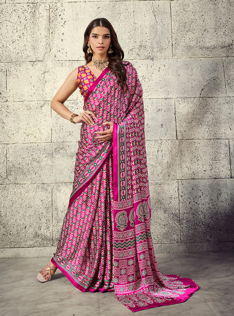 Monjolika Fashion Rani Pink Colour Satin Print Work Saree