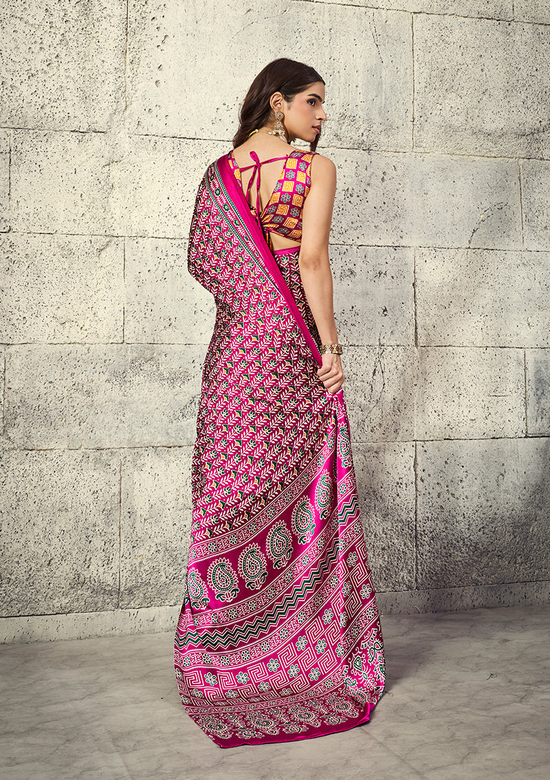 Monjolika Fashion Rani Pink Colour Satin Print Work Saree