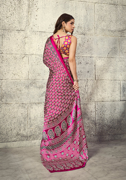 Monjolika Fashion Rani Pink Colour Satin Print Work Saree