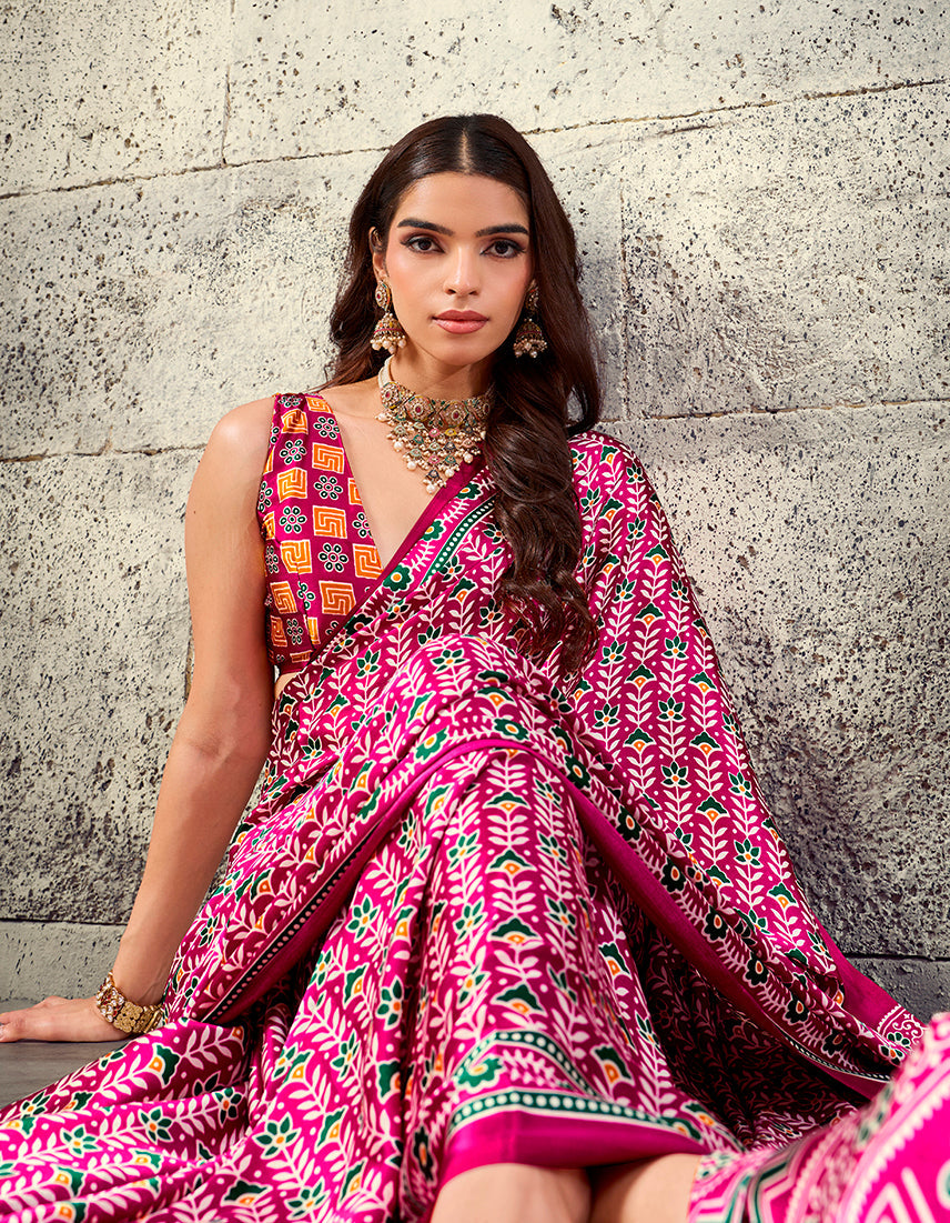 Monjolika Fashion Rani Pink Colour Satin Print Work Saree