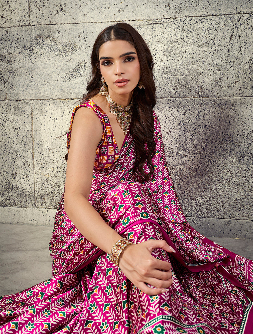 Monjolika Fashion Rani Pink Colour Satin Print Work Saree