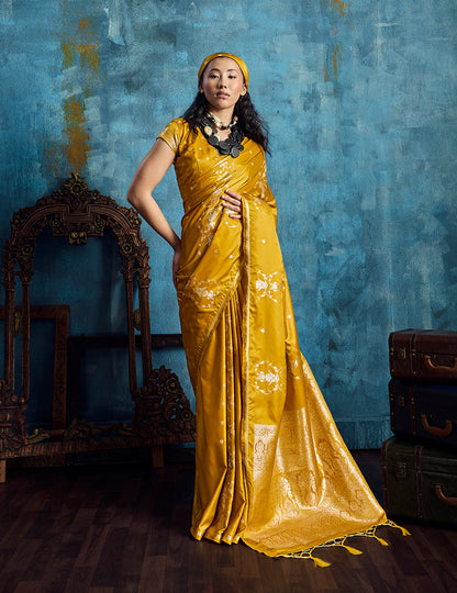 Monjolika Fashion Mustard Satin Weaving Handloom Silk Blend Saree