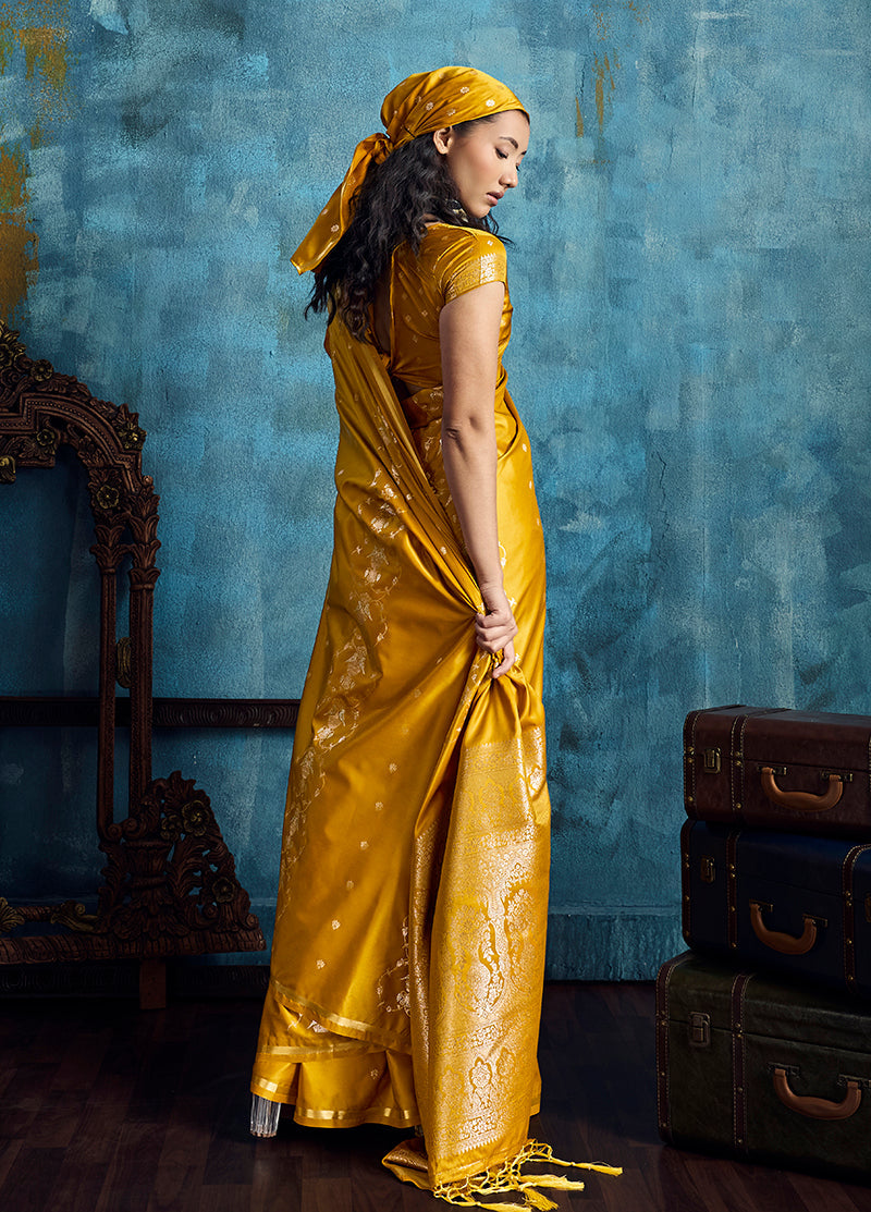 Monjolika Fashion Mustard Satin Weaving Handloom Silk Blend Saree